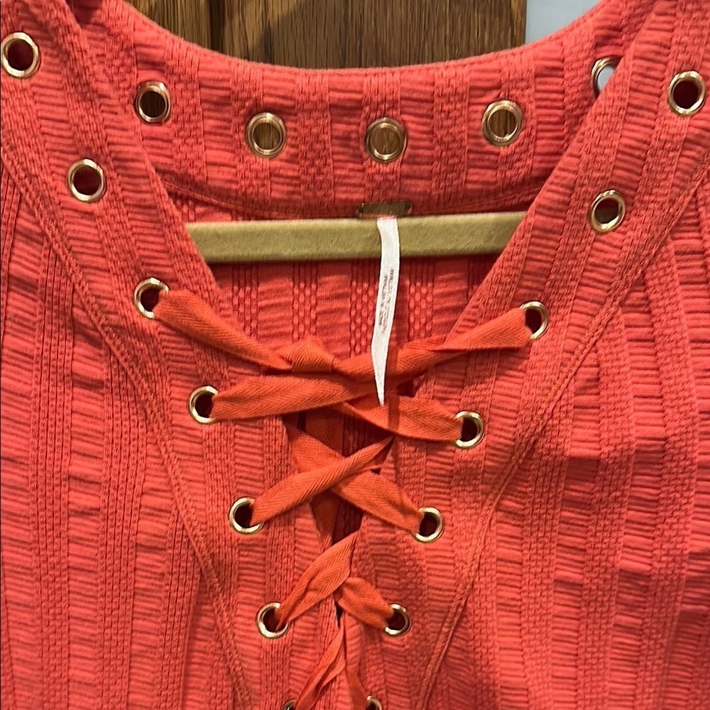 Free People Pink Ribbed Blouse with Tie Front and 3/4 Sleeves - Picture 2 of 6